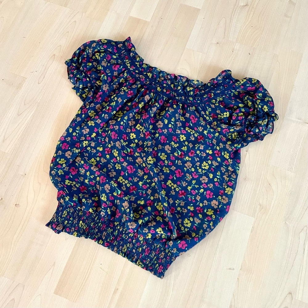 Forever 21 Sheer Navy Top Shirt Blouse Yellow Pink Flowers Floral Medium